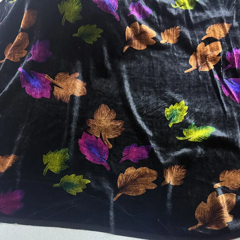 Designer Cloth Silk Pleuche Cloth Black Bottom Mulitcolor Leaves Silk Velvet Warp-Knitted Velvet Fabric Cheongsam Shirt