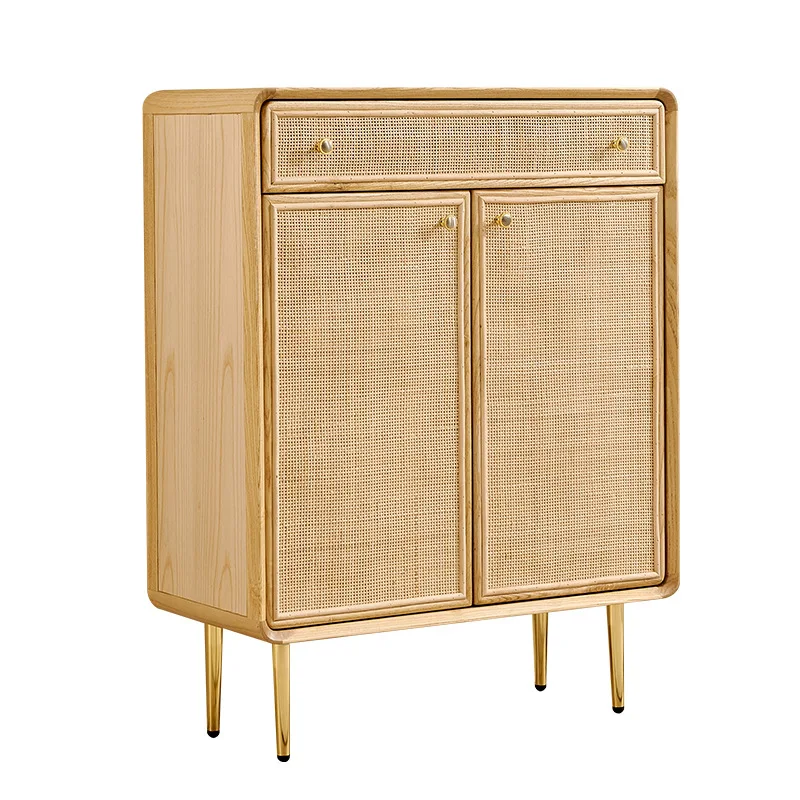 

Nordic solid wood shoe cabinet, rattan art double door at the entrance of the entrance to the home, simple