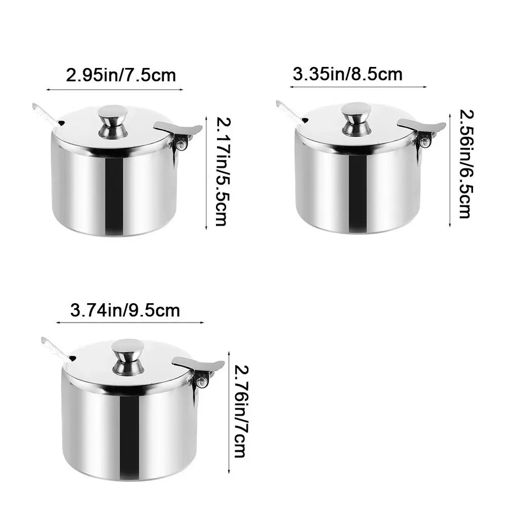 Practical Stainless Steel Sugar Bowl With Lid Spoon Dustproof Spice Container For Kichen Convenient Silver Condiment Pot