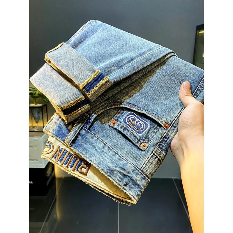 New Men'S Jeans Trendy Brand Summer Thin Fashion Versatile Slim Fit Straight Leg Personalized Micro Chapter Casual Elastic Denim