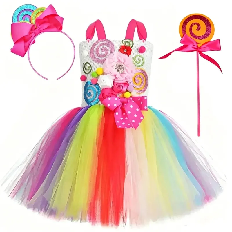 Girls Floral Lollipop Tulle Dress,Candy Style Puffy Skirt for Children's Day, Kids Outfit for Birthday, Festivals and Daily Wear