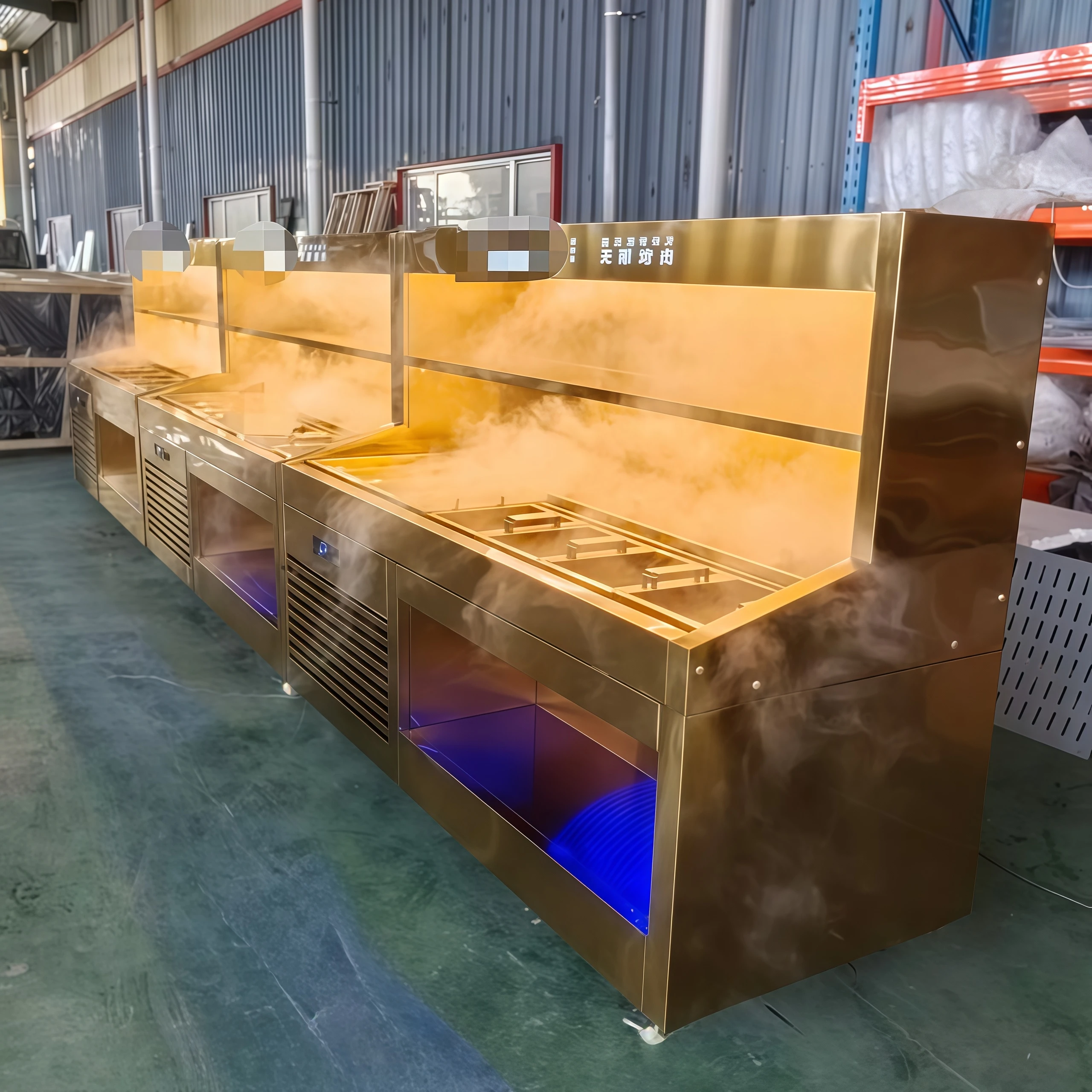 خزانة عرض ذات طبقات ذهبية تدعم الرذاذ - قابلة للتخصيص لعرض مكونات المطاعم الساخنة والشواية