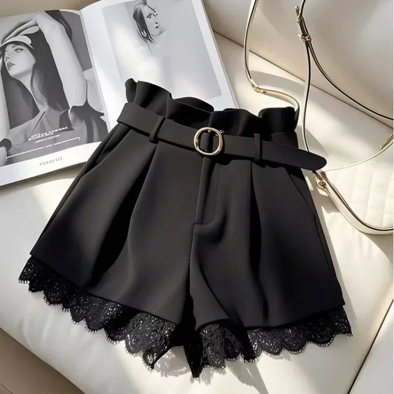 

Повседневные кружевные шорты с высокой талией и широкими штанинами, весна-лето, новый стиль, утягивающие брюки для маленьких людей, короткие брюки