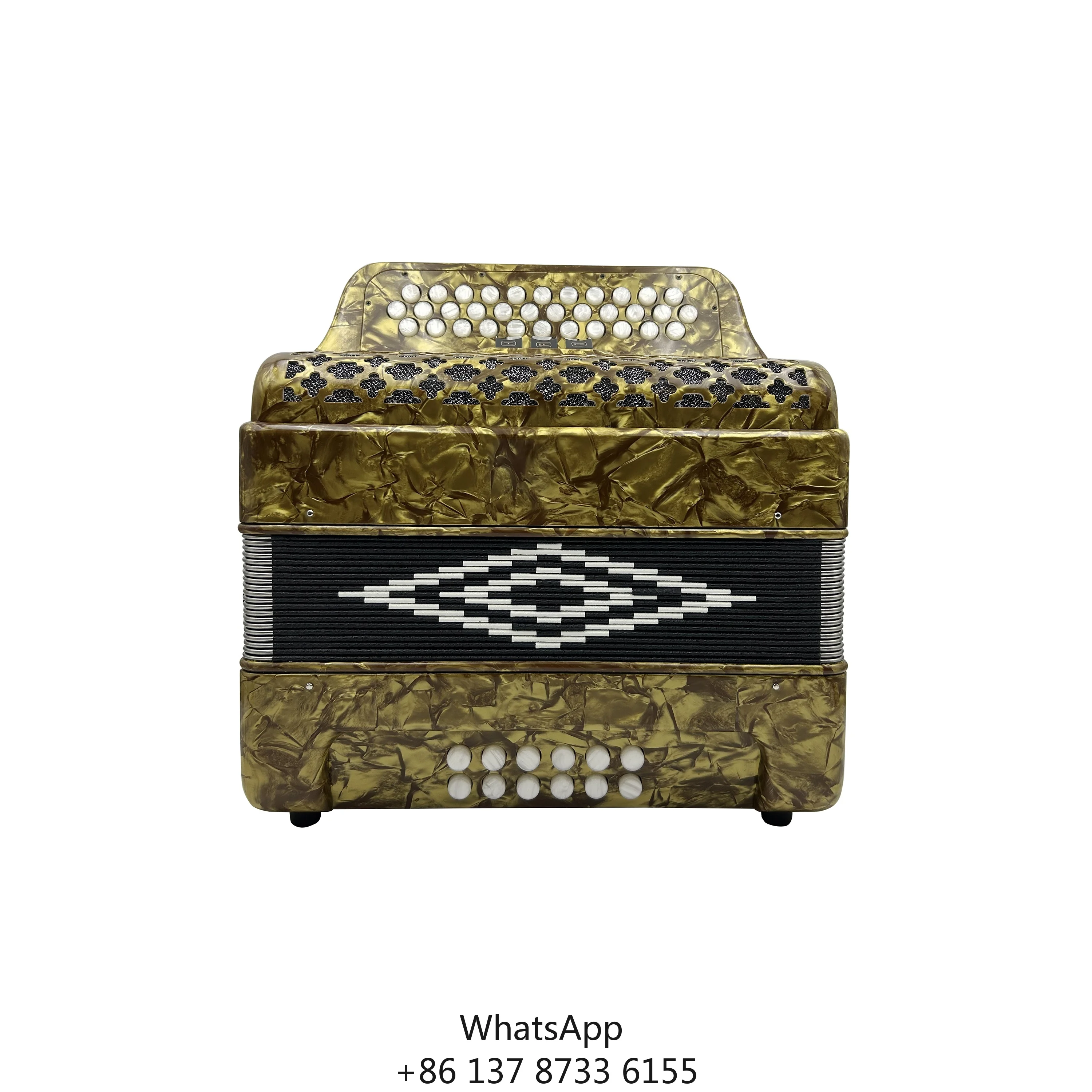 

Professional 34-Button 12-Bass 3-Register Teacolor Accordion Celluloid Body White Keys Diatonic Portable RCA