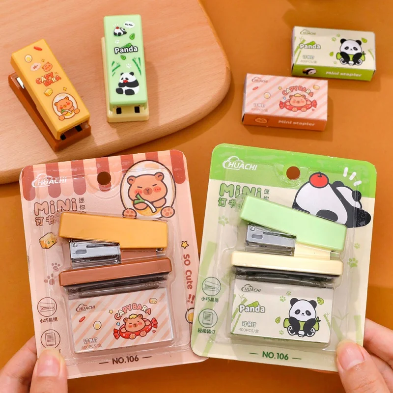 12 pcs/lot Kawaii Capybara Panda Stapler Set Stapling Machine With Staples Office School binding Supplies