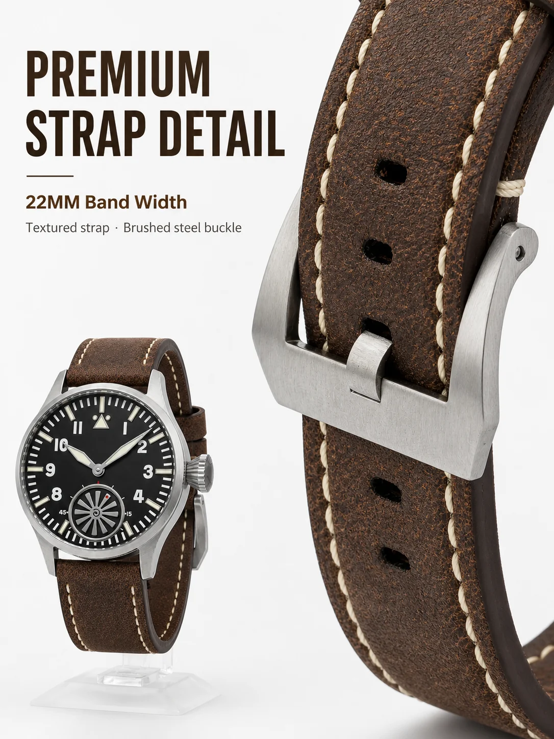 Mechanische Pilotenuhr mit individuellem Logo für Herren, ST3621 Handaufzug, 43mm, Saphirglas, Lederarmband, Zifferblatt, Schließe, Krone, personalisiert – Detail 5
