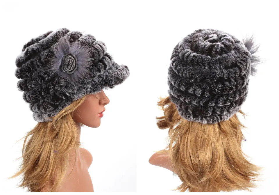 Winter Pelz Hüte für Frauen Rex Kaninchen Fell Elastische Gestrickte Hut mit Blume Pelz Hut Großhandel Baseball Kappe Weibliche Echtpelz Bonnets – Detail 21