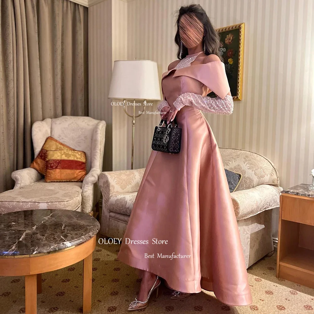 OLOEY Elegant Silky Taffeta Evening Dresses With Beading Gloves Arabic Women Wedding Party Dresses Prom Gowns Custom Made