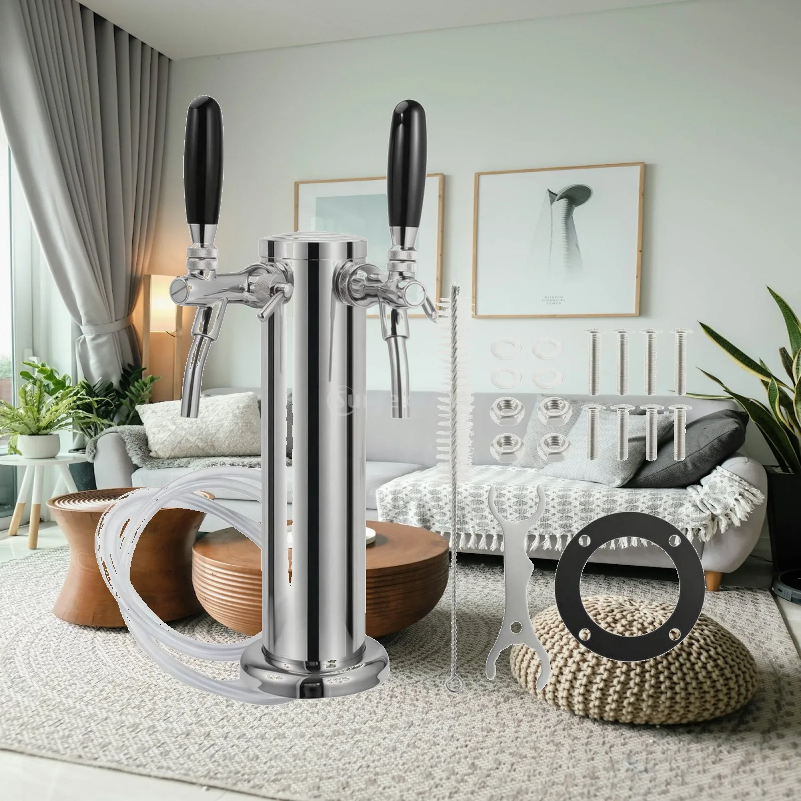 Keg Beer Dispenser Tower Double Tap Stainless Steel Drink Machine with Installation Hardware for Homebrew