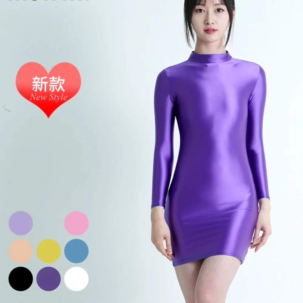  купальник с длинными рукавамиGlossy Shiny Sheath Sexy One-Step Dress Stretch Silky Turtleneck Long Sleeve Tight Skirt