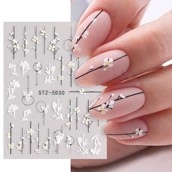 Autocollants en relief pour ongles à fleurs simples 5D, Design de mariage élégant, curseur adhésif, décoration gravée texturée d'été LYSTZ5D-30