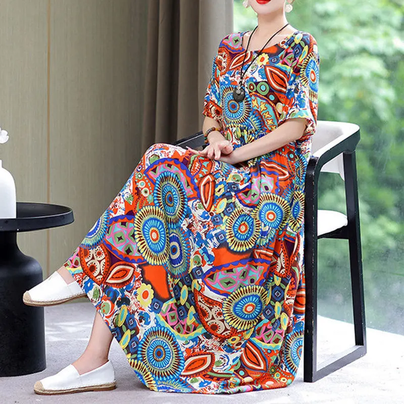 Women Clothes Summer Vintage Print Cotton Linen Beach Dress Fashion Casual Oversize Short Sleeve Elegant Party Long Dresses Robe