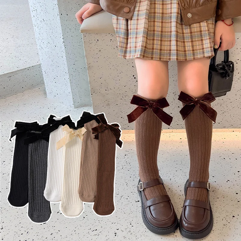 Princess Velvet Bow Stockings Spring Autumn Children Knit Calf Socks Solid Color Kids Long Tube Socks Soft Cotton Baby Footwear