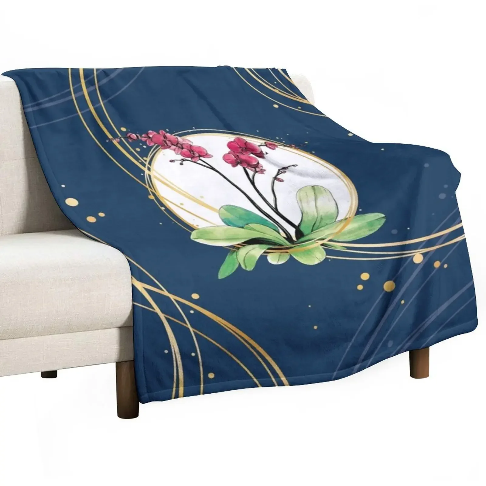 

Orchid surrounded by golden hoops on a blue background Throw Blanket Decorative Sofa Flannel Fabric Vintage Luxury Blankets