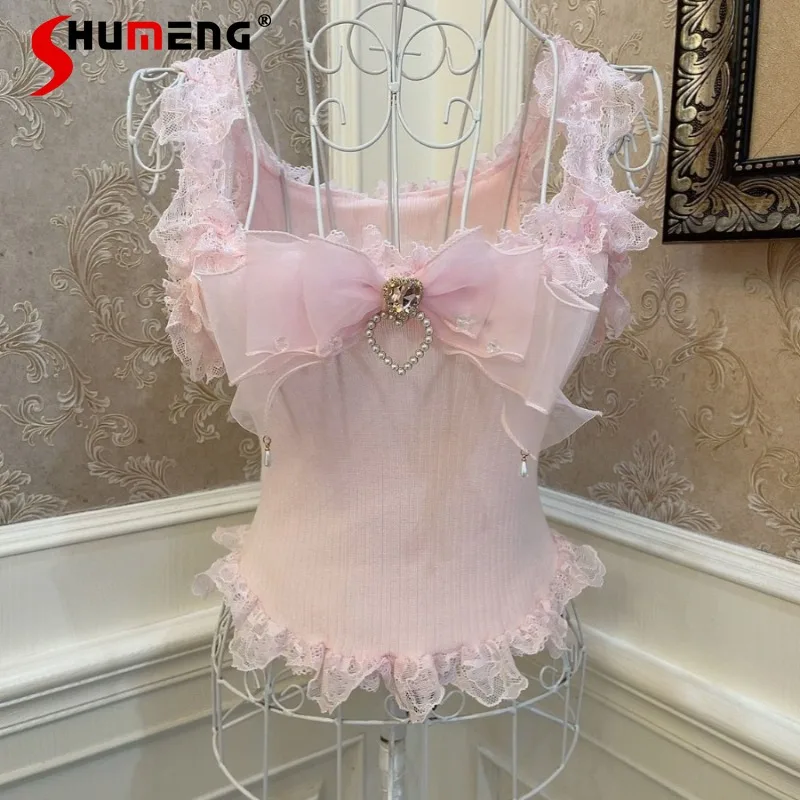 

Japanese Rojita Strap Vest Sweetheart Girl Bow Love Rhinestone Fungus Lace Slings Slim Fit Show Umbilical Short Top Camisoles