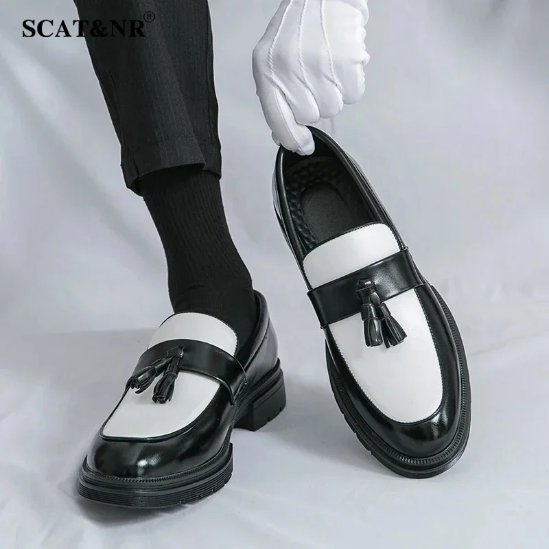 

Spring New Platform Tassels Loafers Men Black and White Wedding Party Casual Shoes Formal Business Shoes Slip-on Leather Shoes