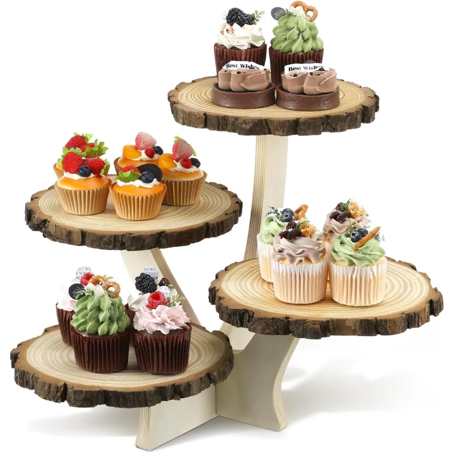 

4-х уровневая круглая подставка для кексов из натурального дерева, подставка для десерта, подставка для чашки, башня для торта, деревянная подставка для торта, многоуровневая центральная часть, отлично подходит для па