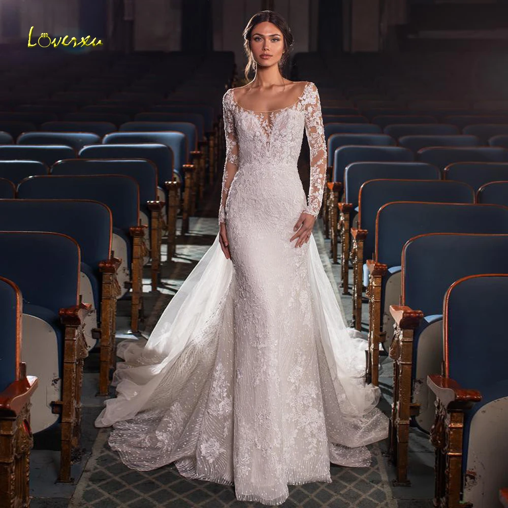 Loverxu Mermaid Wedding Dresses Scalloped Long Sleeve Vestido De Novia Lace Embroidery 2 In 1 Glamorous Custom Made Bridal Gown