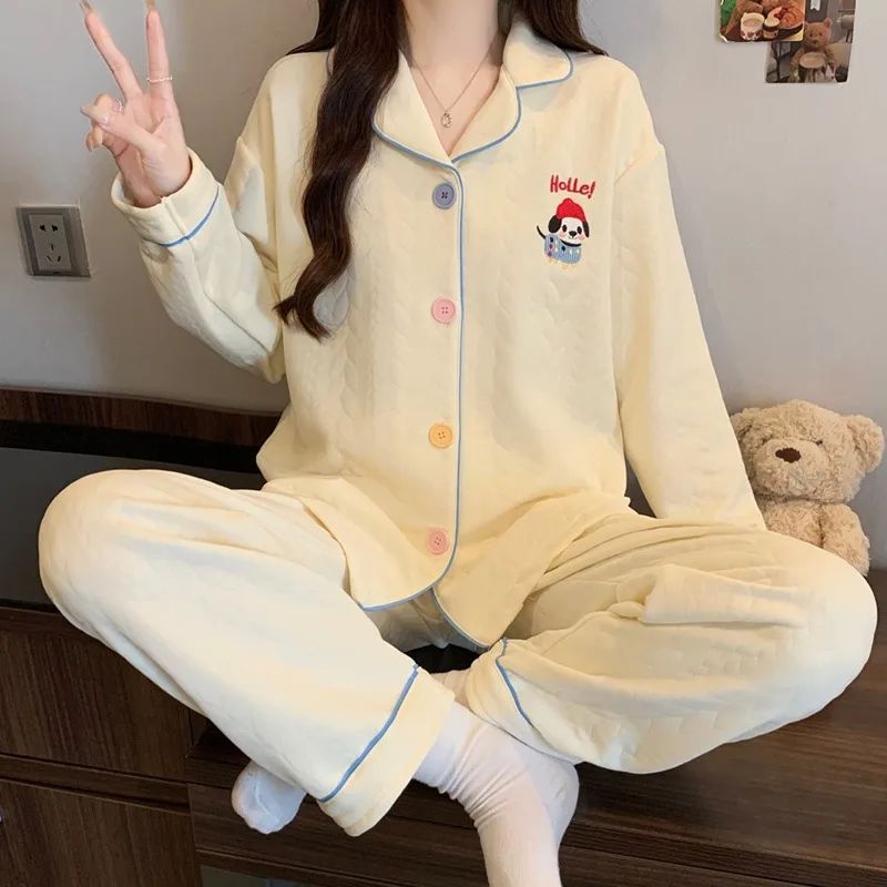 

Embroidery Cute Fashion New Women's Pajamas Set New Autumn Winter Soft 2PC Set Sleepwear Casual Lapel Neck Loungewear for Women