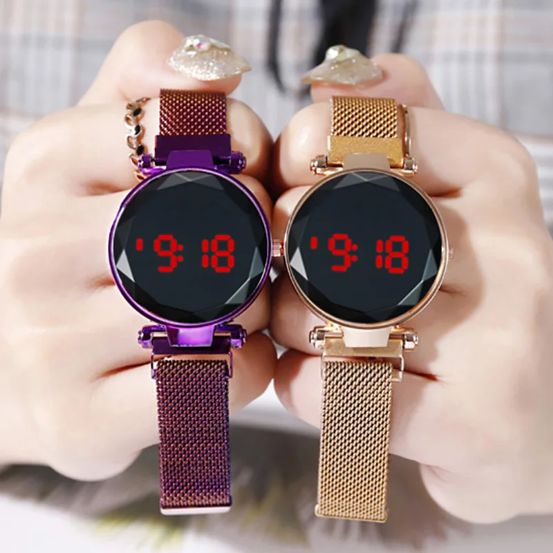 Vrouwen Mode Simples Dames Horloge Casual Ronde Led Touch Screen Magneet Horloge Milanese Band Student Horloge Relógio Feminino