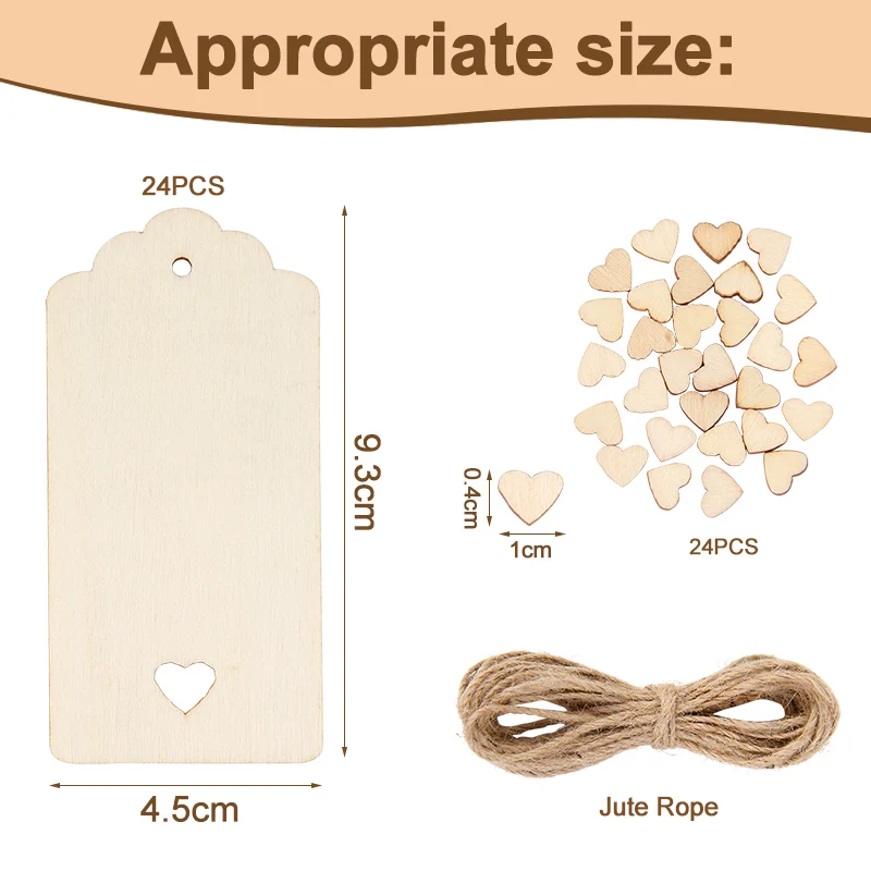 24pcs/set Unfinished Blank Wooden Tag Natural Rectangle Pendant with Heart DIY Crafts Bookmark for Wedding Party Decoration Gift