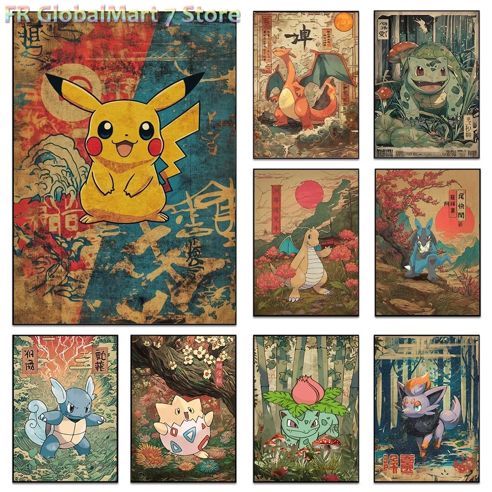 Ukiyo-e Pokemon Canvas Wall Art Vintage Japanese Anime Game Character Poster Print Cartoon Canvas Painting Living Room Decor