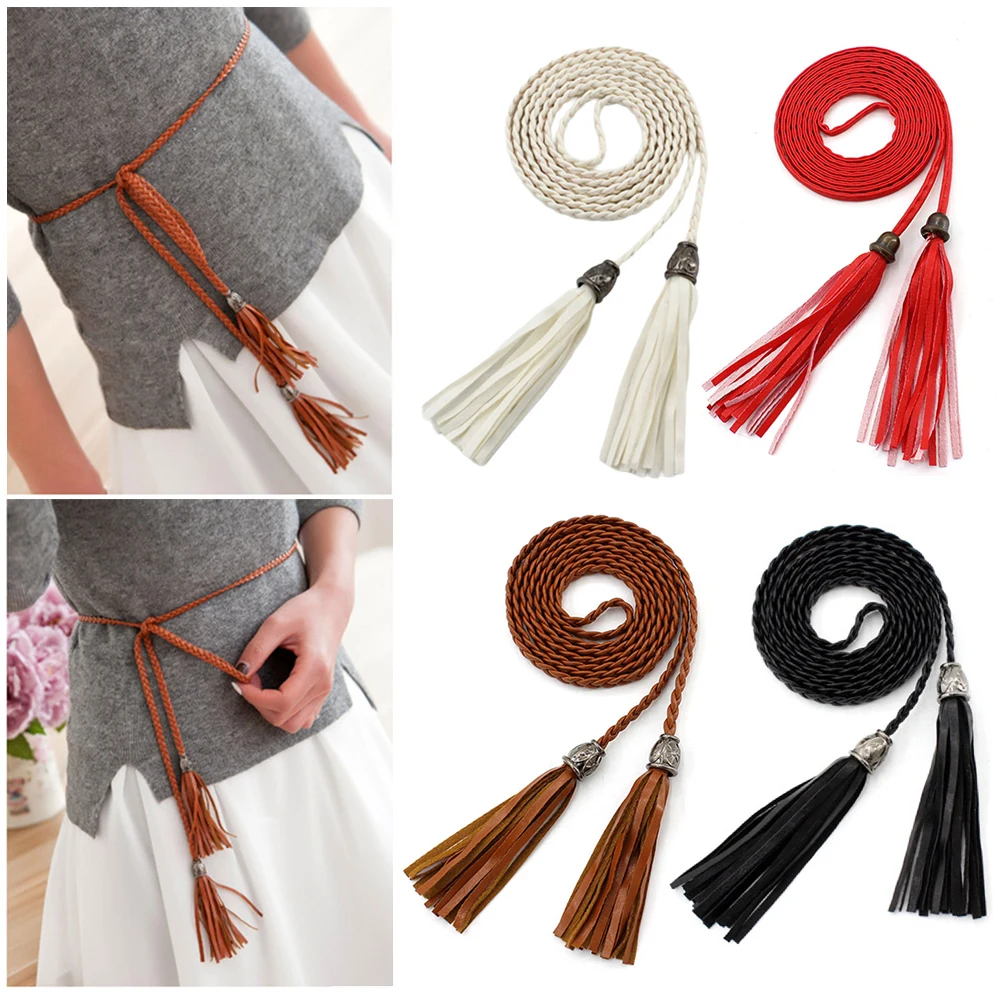 

Skiny Long rope Belt Braided PU Leather Long Tassel Belts for women Decoration Dress Waist Rope Knotted Vintage String Waistband