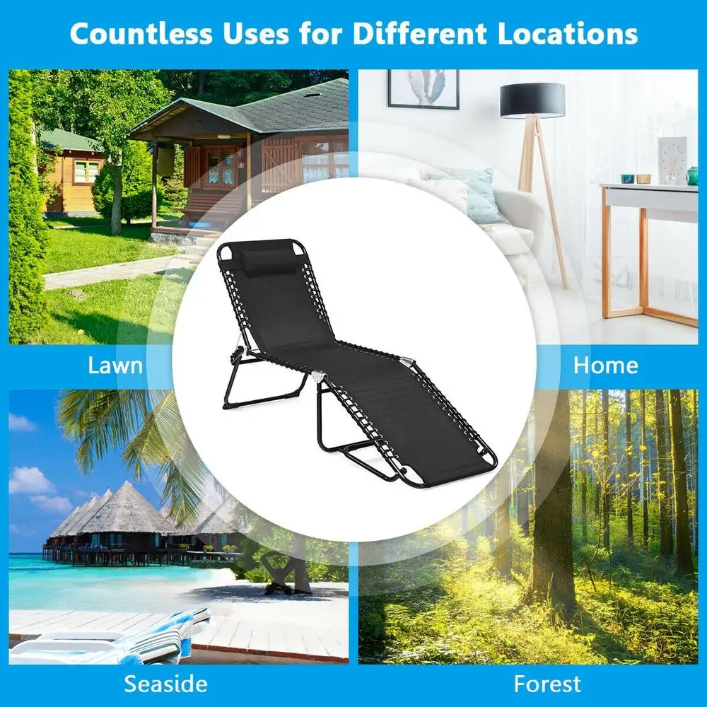 Foldable Heightened Beach Lounge Chair, Steel Frame Supports 265 Lbs, 4-Level Adjustable Backrest With Pillow For Patio Poolside Balcony Outdoor Relaxation
