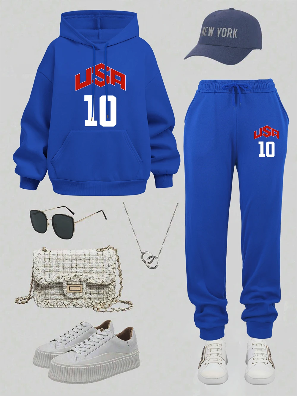 2 Piece Hoodie Set Women Football Usa 10 Print Prints Sweatpantssporty Fleece Warm Pocket Sweatshirt Pants Autumn Loose Clothes