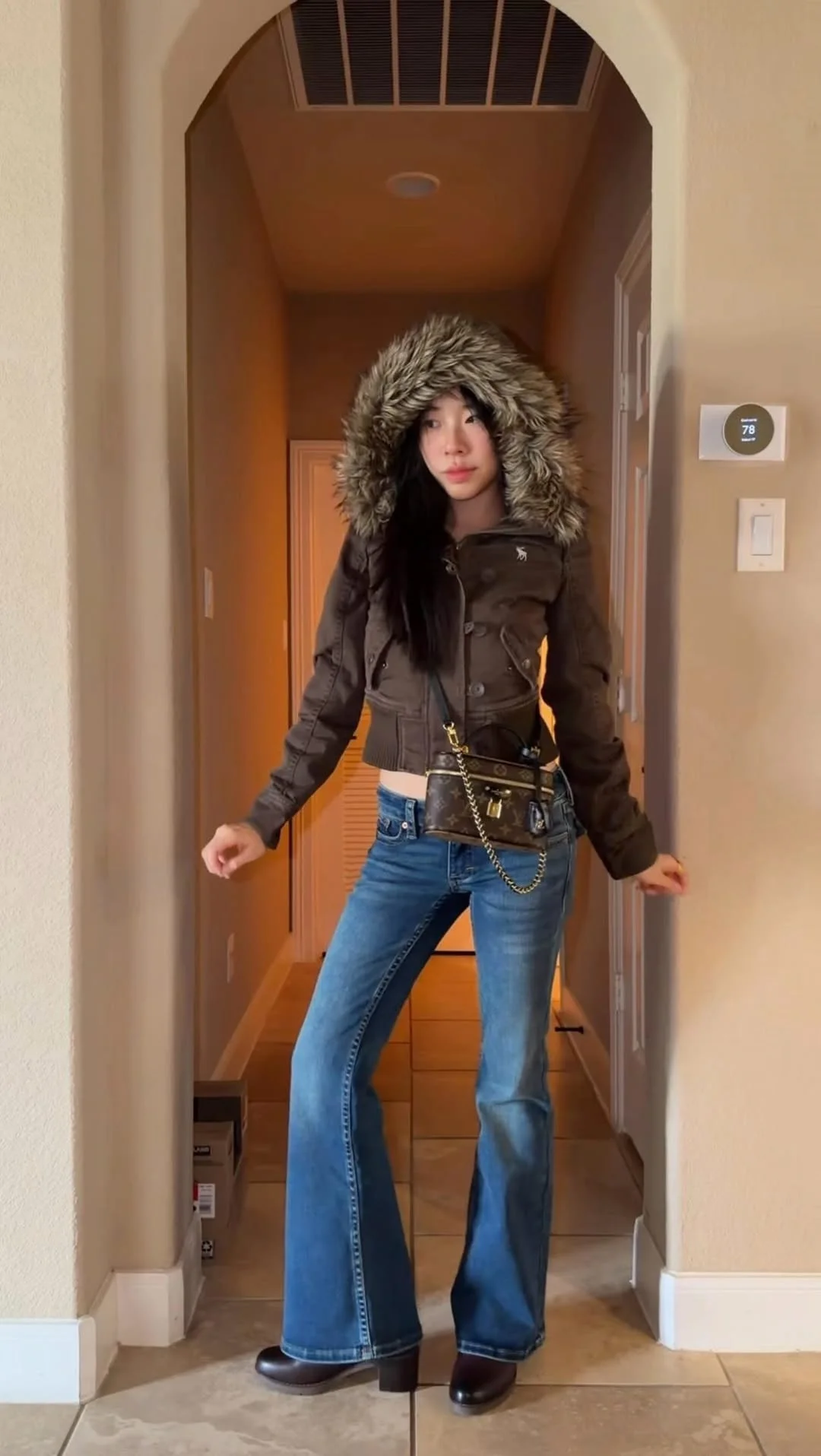 Coffee Canvas Fox Fur Hooded Zip Button Ribbed Hem Jackets Chic Long Sleeve Coats 2026 Winter Daily Office Party Chic Outerwear