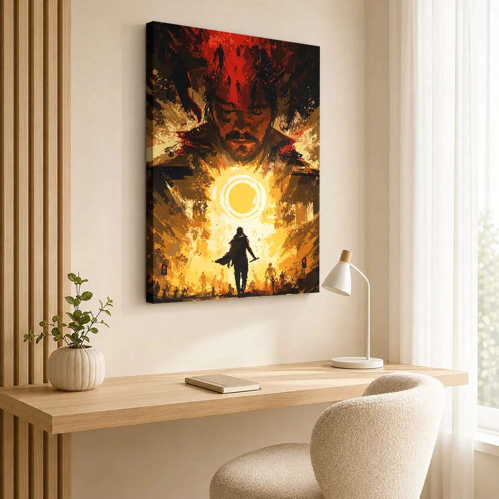Control Resonant Figure Facing Sun Canvas Poster Personalized Photo Fiery Fantasy Illustration Wall Art For Bedroom Gamer Gift