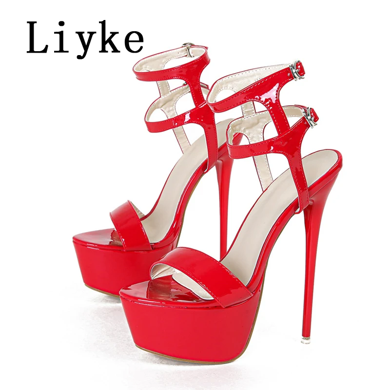 Liyke Sexy Rode Hoge Hakken Platform Sandalen Voor Vrouwen Mode Dubbele Gesp Riem Open Teen Bruiloft Banket Schoenen Big Size 45 46