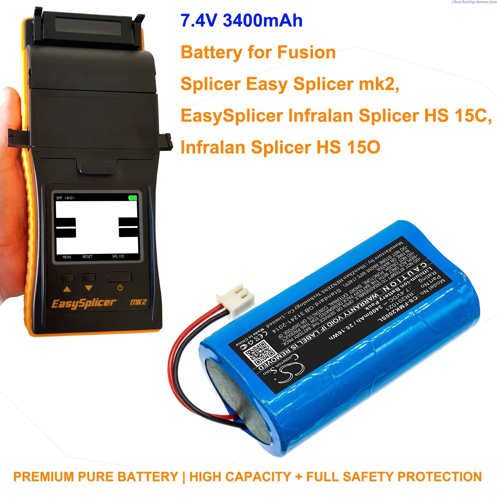 

2026 Replacement 7.4V 3400mAh Li-ion Battery RR201021 for Fusion Splicer Easy Splicer mk2, Splicer HS 15C, HS 15O +TOOL