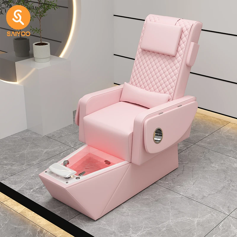 Sillón de pedicura rosa suave y cómodo con funda de asiento, ideal para salón de manicura