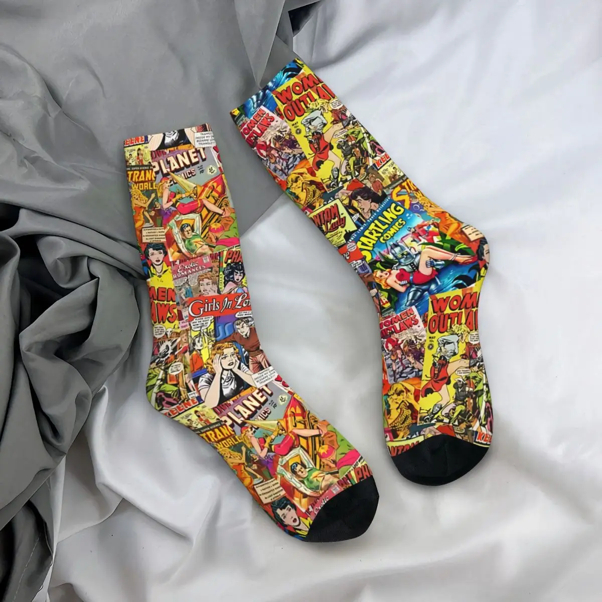 Funny Crazy Sock for Men Vintage Comic Book Collage Hip Hop Vintage Superheroes Pattern Printed Boys Crew Sock Casual Gift