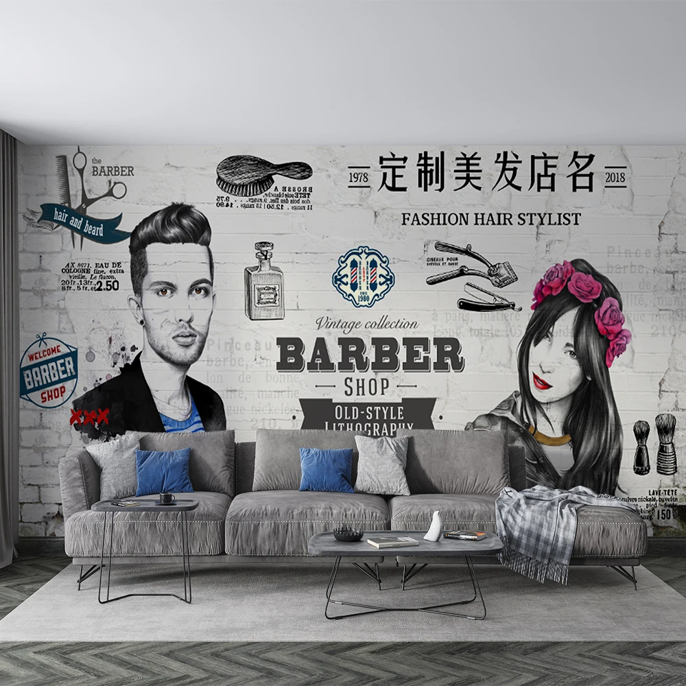 Customized 3D hand drawn hair salon, hair salon, workwear, background wall, mural wallpaper