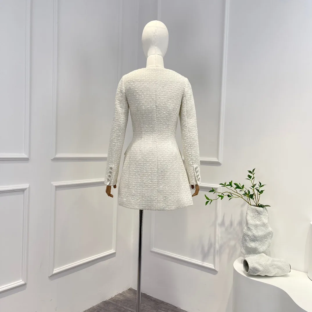 2025, neues Herbst-Minikleid aus hochwertigem Beige mit langen Ärmeln und Tweed für Damen