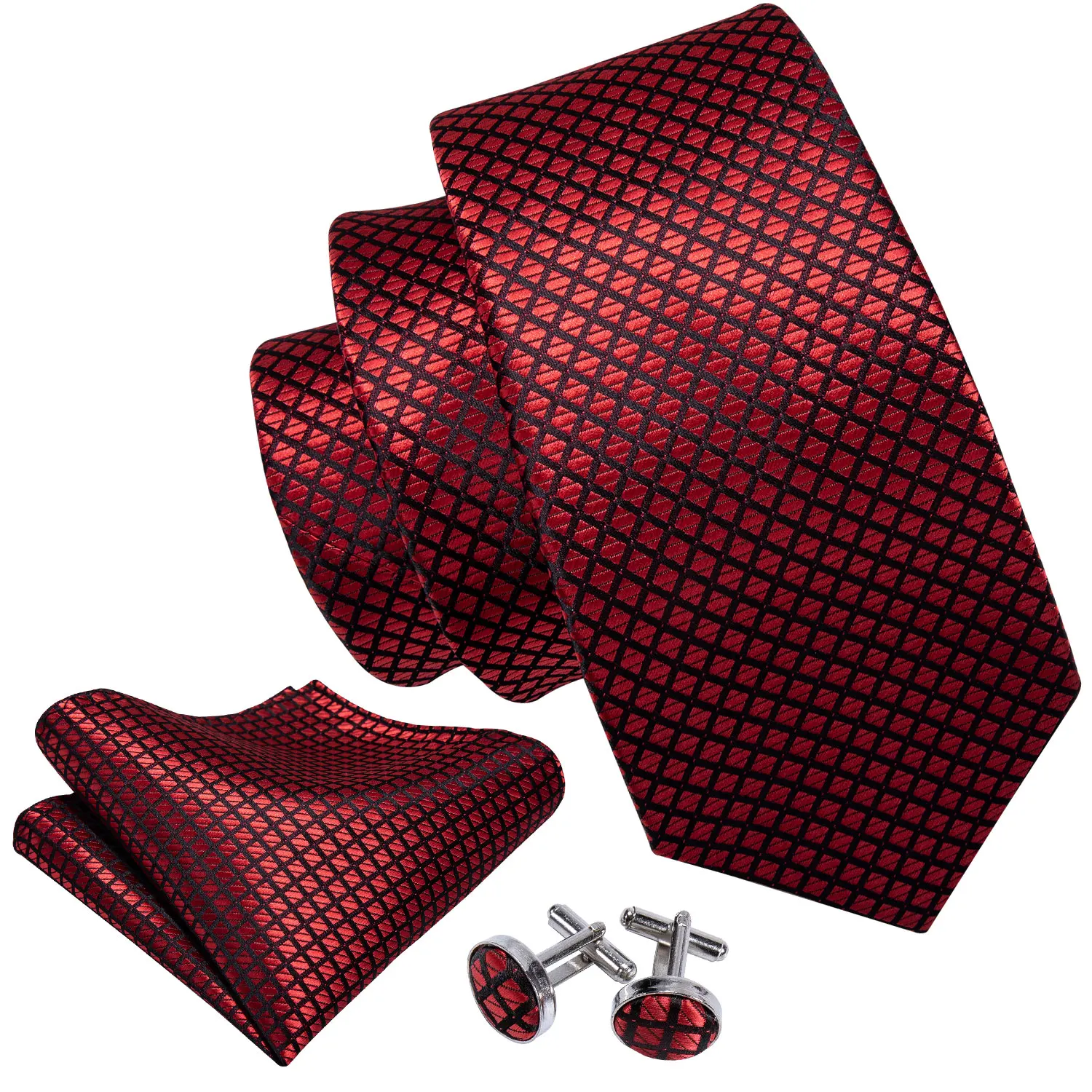 Two-Tone Square Grid Men Tie Set Woven Necktie Handkerchief Cufflinks Plaid Formal Suit Accessory for Wedding Business Party