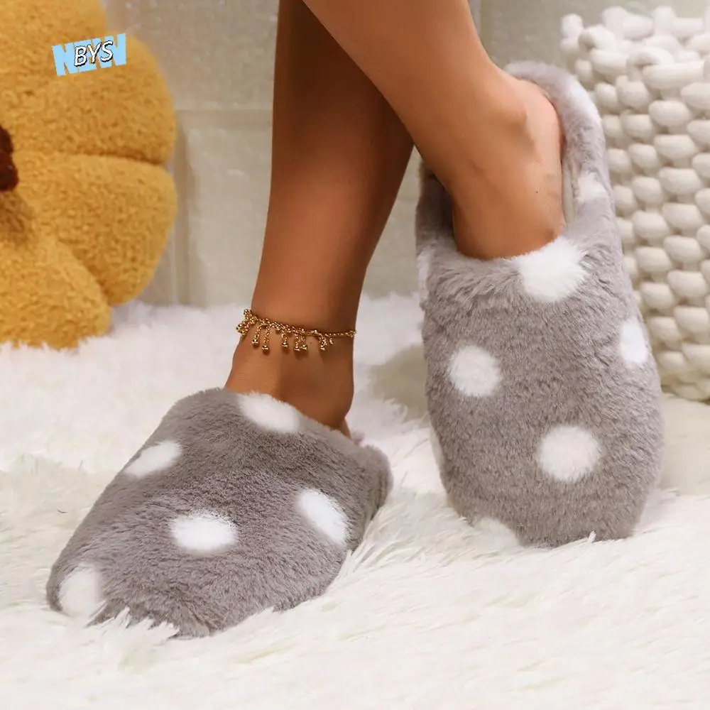 

Silent Shoe Sole Soft Sole Plush Slide Slippers Casual Anti-slip Dots Fur Slipper Patchwork Lightweight House Flat Shoes Bedroom