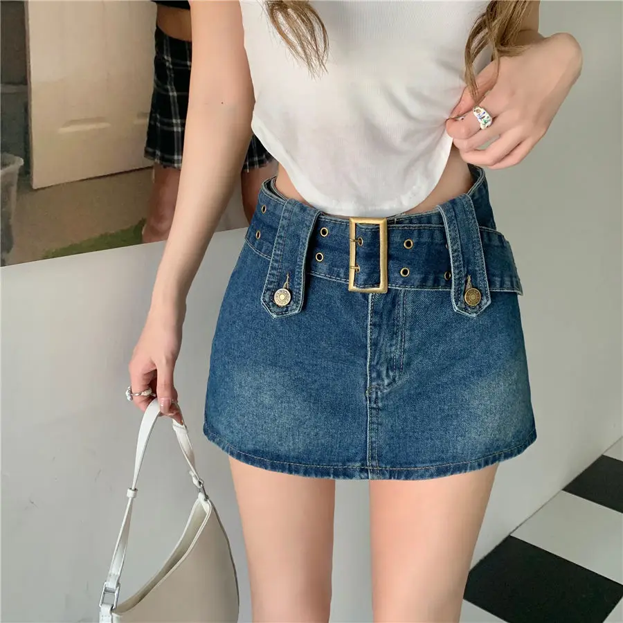 White High Waist Denim Skirt Female A-line Mini Skirt With Belt