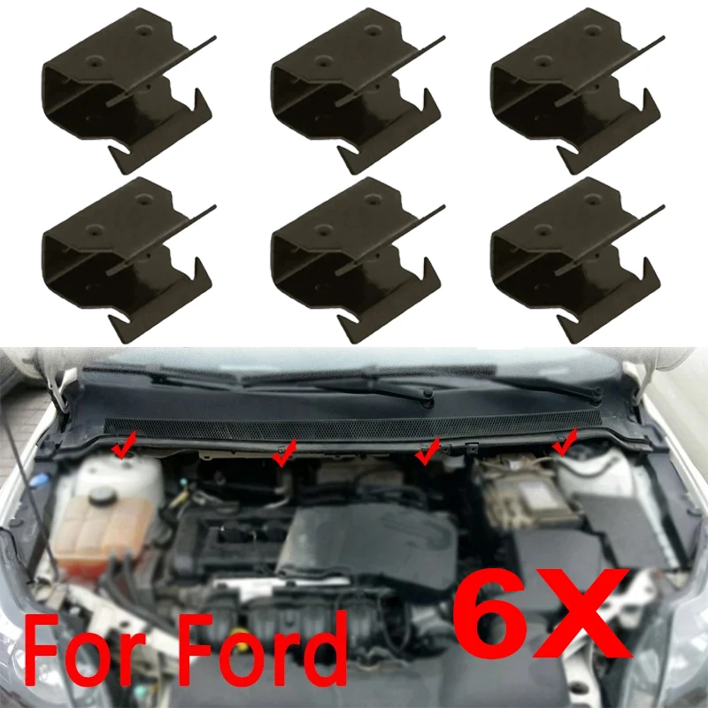 

6 шт., зажимы для обшивки панели капота, металлический зажим, переднее нижнее ветровое стекло для Ford Focus 1998-2023