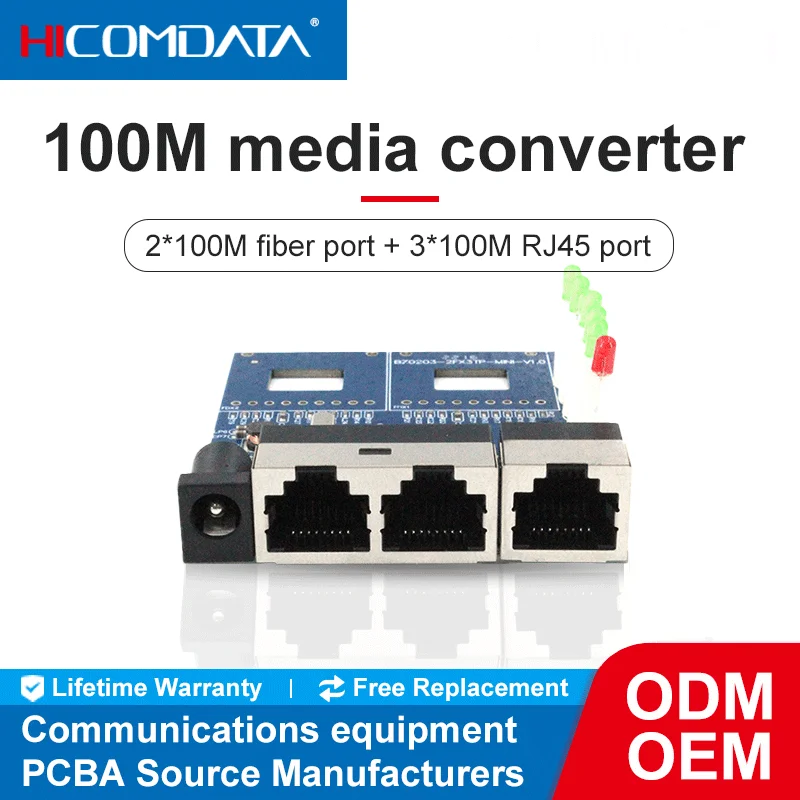 HICOMDATA Optical Fiber Converter 100M 2 SFP 3 RJ45 Optics Media Transceiver Equipment Network Fibra Optica Converter PCBA