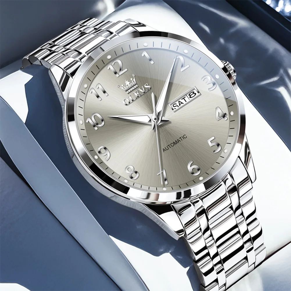 

OLEVS Деловые мужские полностью автоматические механические часы с календарем из нержавеющей стали, мужские водонепроницаемые часы с ночником