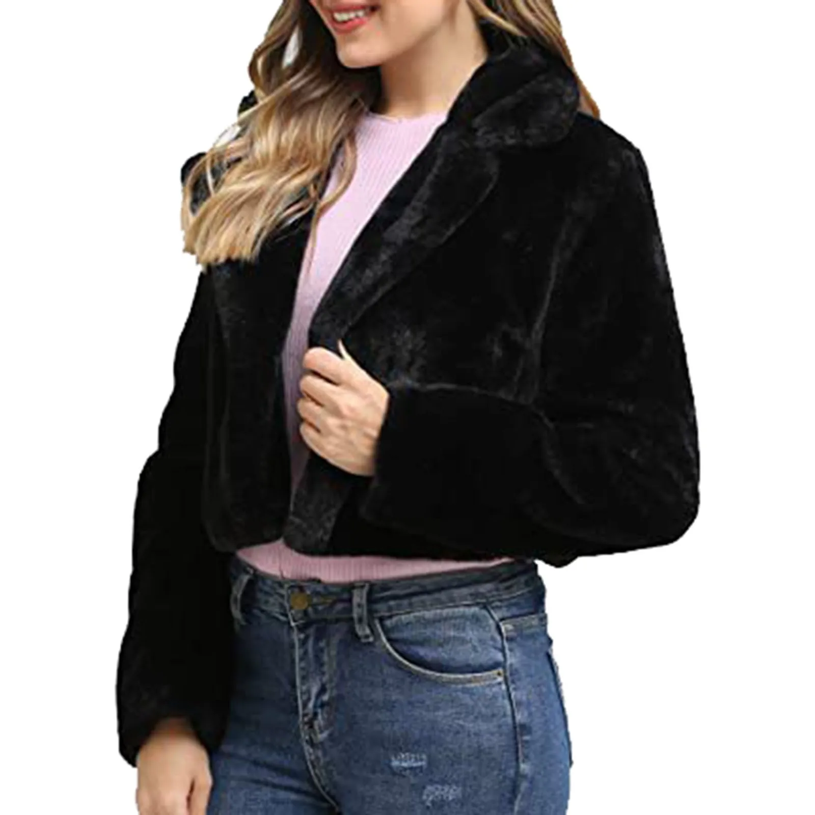 Women's Short Solid Faux Fur Fashion Cardigan Winter Thermal Thick Furry Baggy Jacket Loose Soft Sweater Fleece Hooded Outerwear