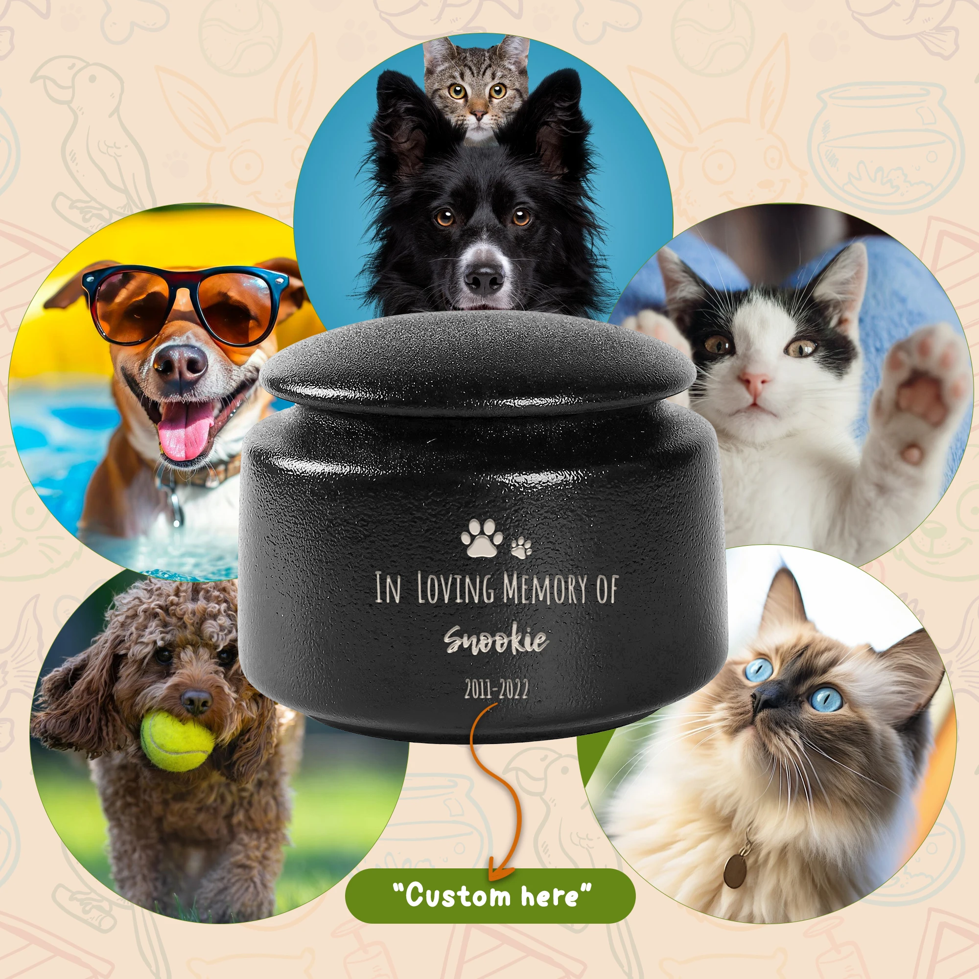 Customized Pet Urn Personalized Secure Seal Memory Box Waterproof Luxury Funeral Mementos Unique Keepsake Round Shape for Ash