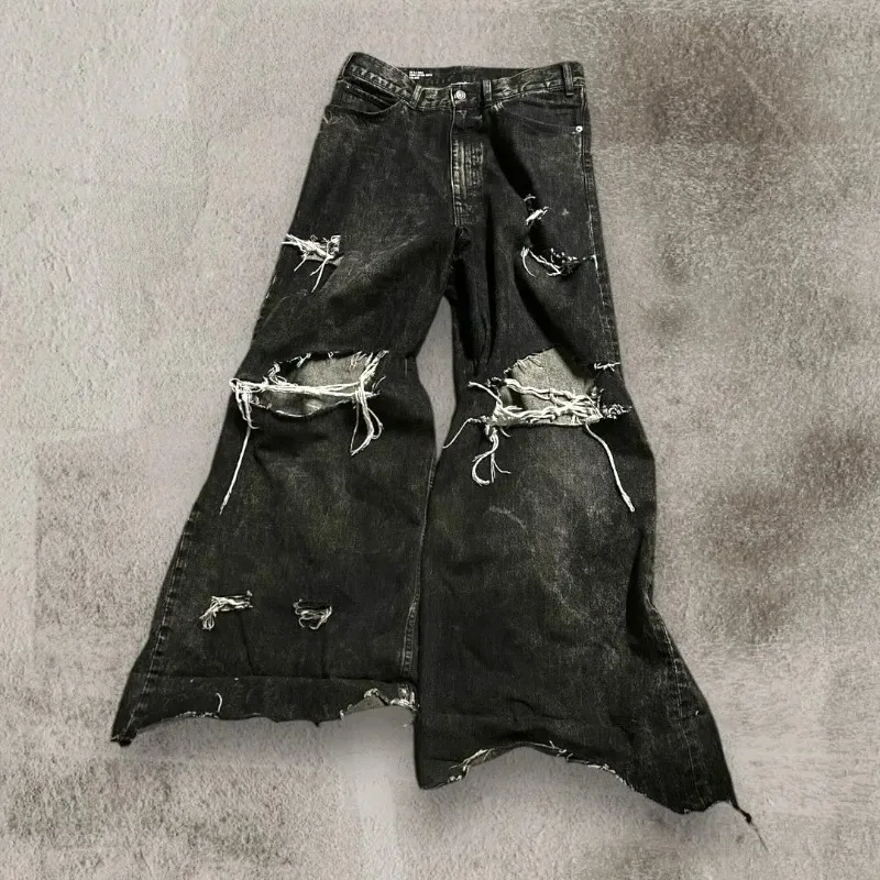 

2024 New Black Ripped Baggy Jeans Goth Retro Denim Pants Men and Women Casual Hip Hop Straight Wide Leg Trousers Streetwear
