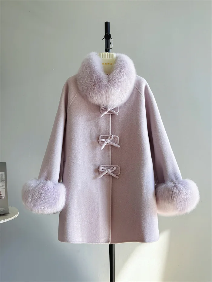 المرأة الخريف الشتاء الفاخرة 100% معطف الصوف سيدة أنيقة الثعلب الفراء طوق الأصفاد طويلة الأكمام فضفاضة الصوف أبلى #6