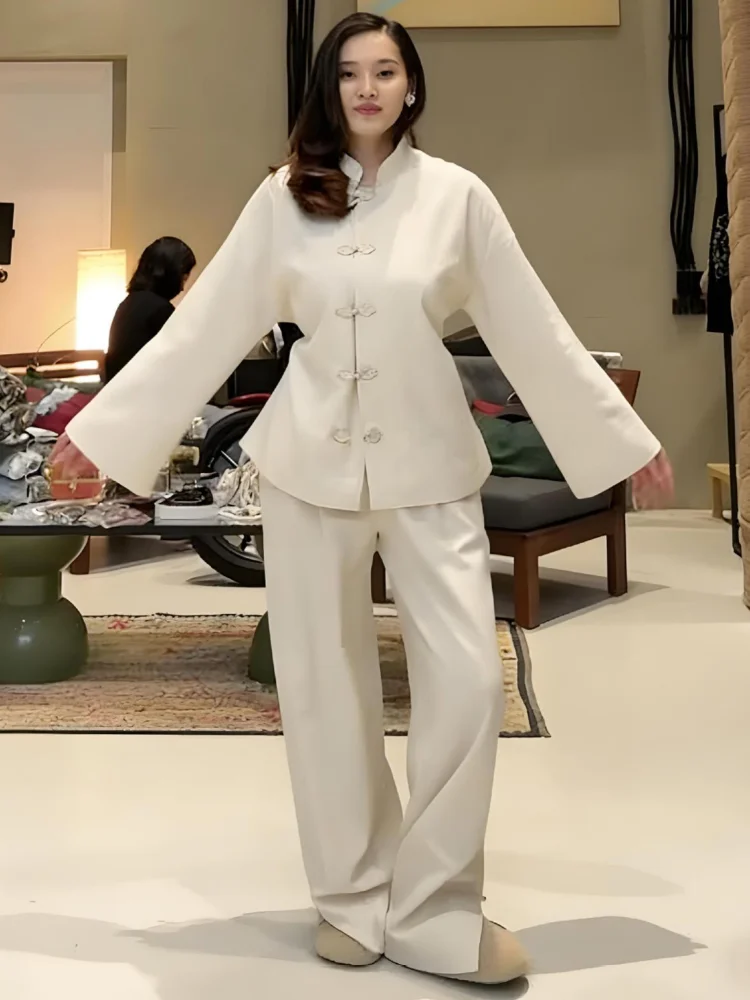 

Women's Vintage Frog Button Linen Suit Mandarin Collar Long Sleeve Shirt Wide Leg Pants 2 Piece Set Casual Wear Loose Outfits