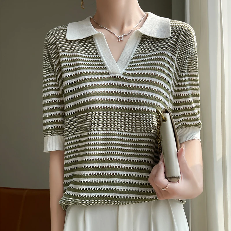 

Women's T-shirt Summer New Edition Lyocell Knitted Short Sleeve Casual Splicing Shirt Women's Collar Pullover Loose Korean Top