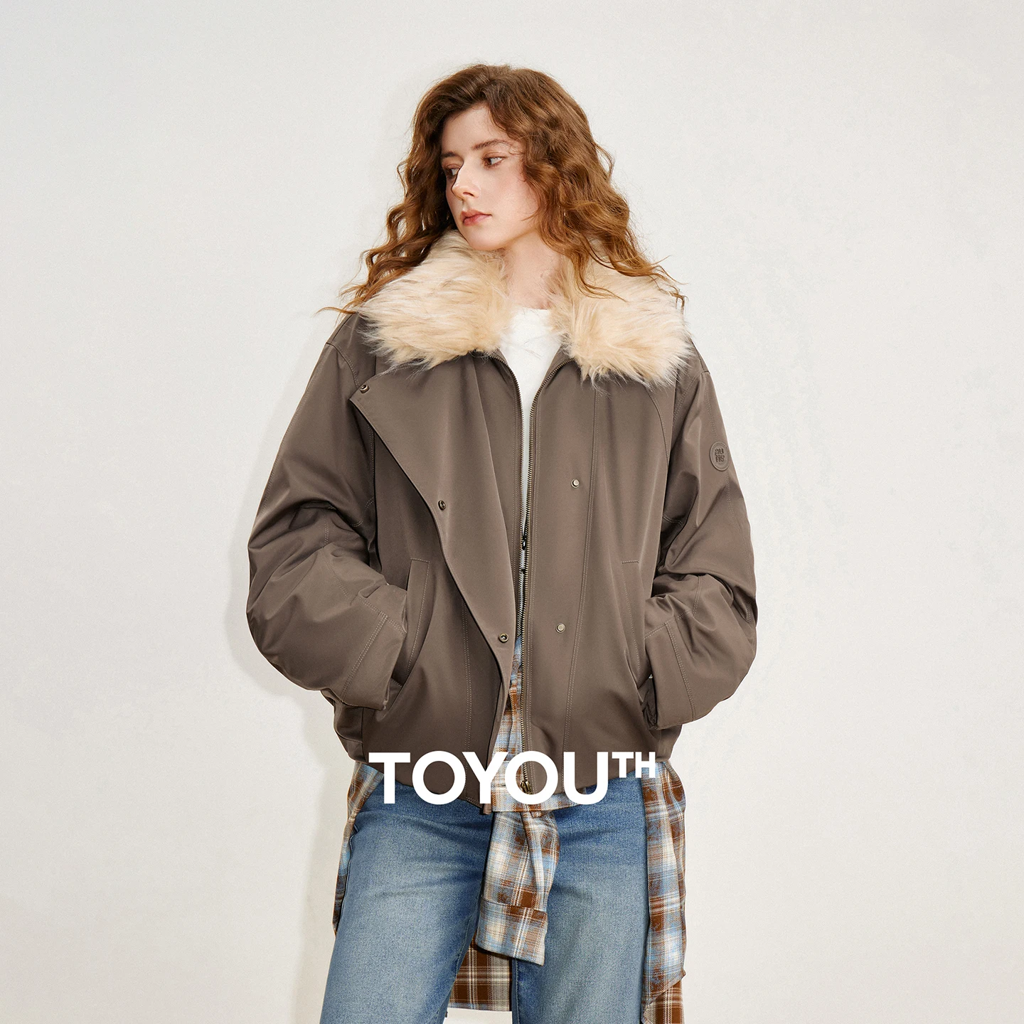 TOYOUTH Women Down Jackets 2025 Winter New Puffer Jacket Fleece Collar Retro Coffee-colored Outerwear